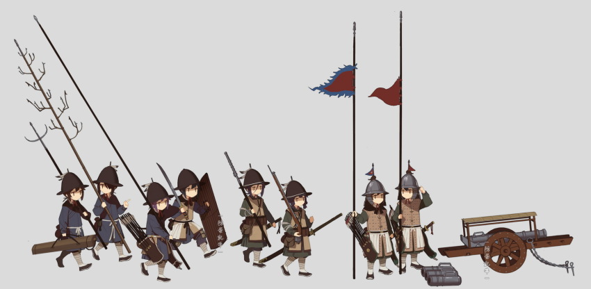 6+girls antique_firearm armor bow_(weapon) brigandine_(armor) cannon cart chain chinese_armor chinese_empire dao_(weapon) fangdan_runiu firearm firelock flag grey_background gun handcannon helmet highres holding holding_gun holding_sword holding_weapon jitome matchlock ming_dynasty multiple_girls original pokearm polearm quiver saber_(weapon) shield simple_background spear sword walking weapon wide_brim