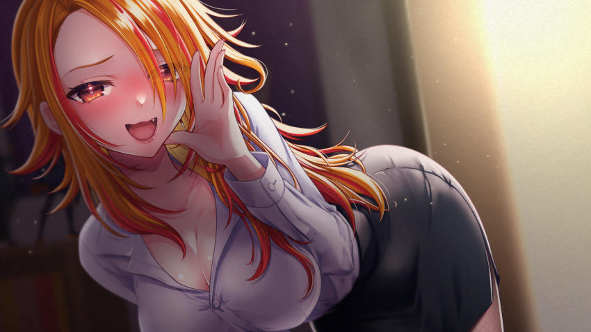 1girl alternate_breast_size alternate_costume alternate_hairstyle bent_over black_skirt blurry blurry_background blush breasts cleavage collared_shirt commentary_request cowboy_shot drunk eyes_visible_through_hair fang hair_between_eyes hair_over_one_eye hand_up highres indoors kazami_kuku large_breasts light_particles lipstick long_hair long_sleeves looking_at_viewer makeup nail_polish nanashi_inc. nose_blush office_lady open_mouth orange_eyes orange_hair pencil_skirt red_hair reona_kfc02 shirt skirt smile solo variant_set virtual_youtuber white_shirt