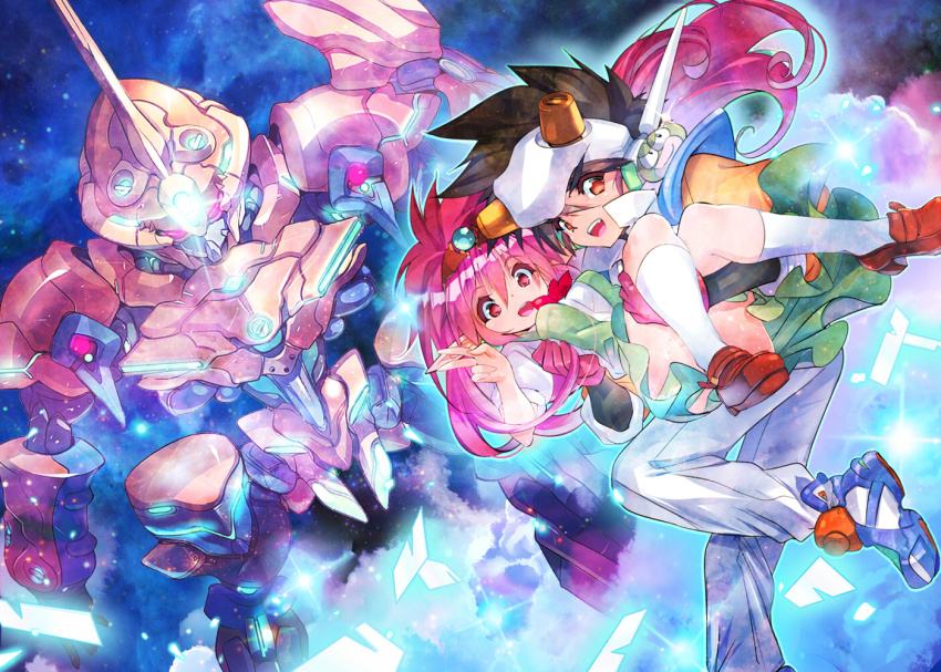 1990s_(style) 1boy 1girl arara_milk baba_lamune black_hair carrying earrings fujishima-sei_ichi-gou jewelry king_scassher mecha ng_knight_lamune_&amp;_40 orange_eyes pointy_ears princess_carry purple_eyes purple_hair retro_artstyle robot tama-q