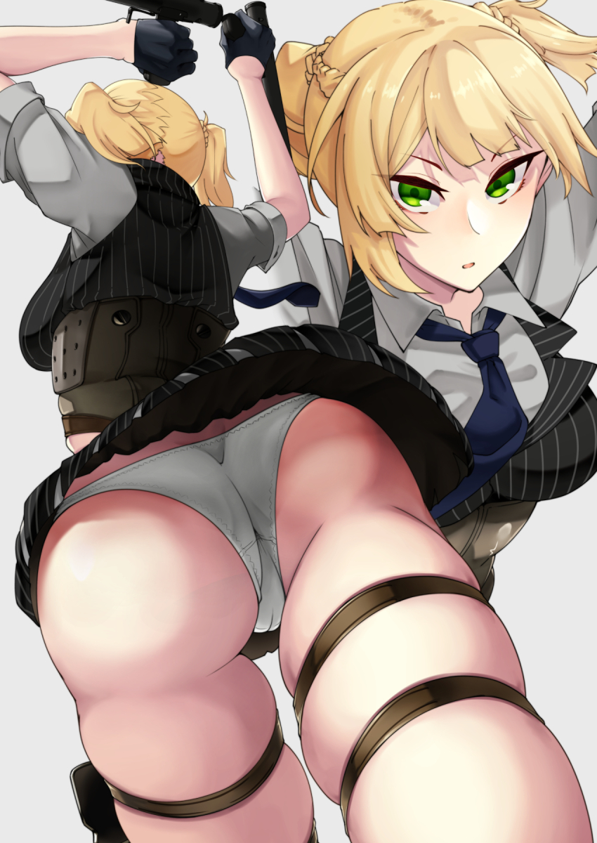 1girl arms_up ass blonde_hair bolt_action collared_shirt corset from_below girls&#039;_frontline gloves green_eyes grey_shirt gun half_gloves handgun highres holding holding_gun holding_weapon holster integral_suppressor integrally-suppressed_firearm multiple_views nakiusagi necktie panties pantyshot pinstripe_pattern pinstripe_vest shirt skirt sleeves_rolled_up striped_clothes striped_skirt striped_vest suppressor thigh_holster two_side_up underwear vertical-striped_clothes vertical-striped_vest vest weapon welrod welrod_mk_ii welrod_mkii_(girls&#039;_frontline) white_panties