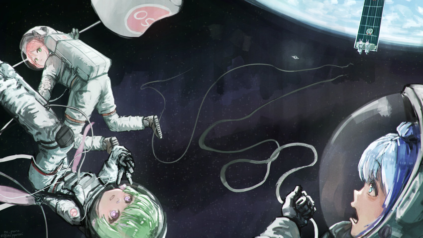 2boys 3girls blue_eyes blue_hair cable earth_(planet) floating gloves green_eyes green_hair helmet highres holding mani_(osu!) mari_(osu!) mocha_(osu!) multiple_boys multiple_girls nepperoni open_mouth osu! pink_hair pippi_(osu!) planet purple_eyes satellite short_hair sitting space space_helmet spacesuit taikonator_(osu!) yuzu_(osu!)