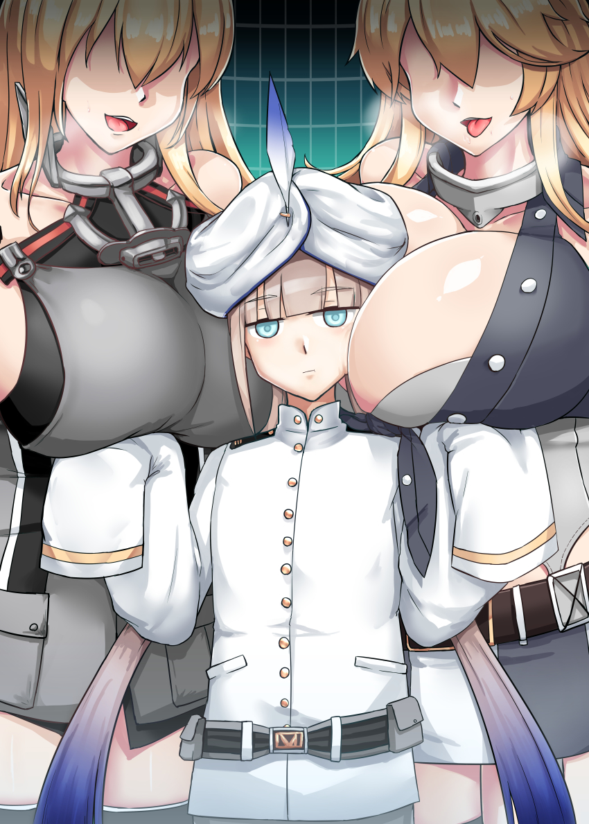 1boy 2girls absurdres androgynous between_breasts bismarck_(kancolle) blonde_hair blue_eyes blue_hair breast_smother breasts captain_nemo_(fate) face_between_breasts face_to_breasts faceless faceless_female fate/grand_order fate_(series) gradient_hair hat head_between_breasts highres huge_breasts iowa_(kancolle) jacket kantai_collection long_hair long_sleeves military military_uniform multicolored_hair multiple_girls nemo_(fate) open_mouth skirt teeth thighhighs tongue tongue_out turban twintails vereshhagin