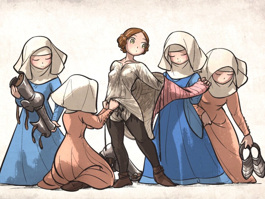 5girls armor black_leggings blue_dress boots braid braided_bun brown_hair brown_shoes closed_eyes closed_mouth coat commentary cuisses dress english_commentary gambeson greaves green_eyes grey_footwear hair_bun holding holding_boots holding_coat holding_footwear holding_unworn_clothes ironlily kneeling knight laces lady_johnna_(ironlily) layered_armor leaning_forward leggings lifting_own_clothes light_smile looking_to_the_side medieval multiple_girls ordo_mediare_sisters_(ironlily) pink_dress pink_shirt poleyn removing_coat sabaton shirt shoes simple_background standing underwear undressing_another unworn_boots unworn_coat white_shirt wimple