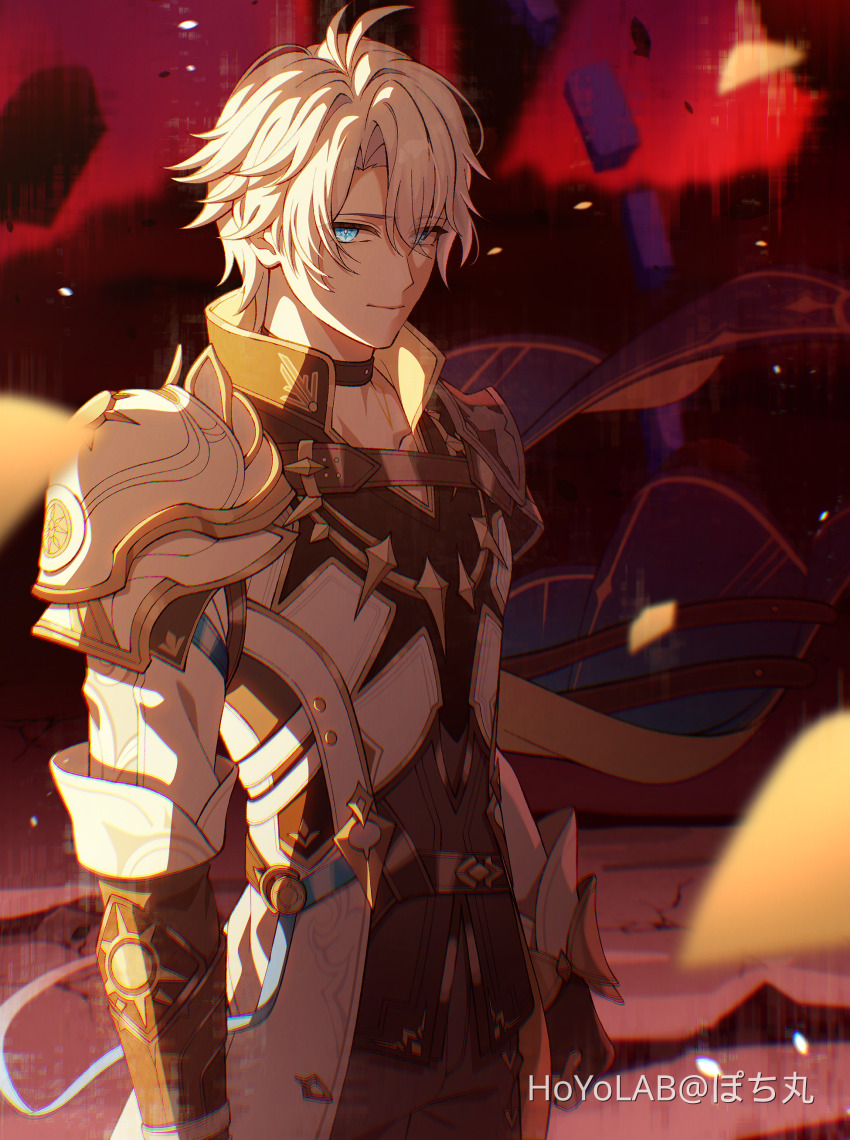 1boy absurdres antenna_hair armor black_choker black_gloves black_shirt blue_cape blue_eyes cape choker coat commentary_request cowboy_shot fingerless_gloves gloves highres honkai:_star_rail honkai_(series) looking_at_viewer male_focus parted_bangs pauldrons phainon_(honkai:_star_rail) pochimaru_(marumaru_wanwan) shirt short_hair shoulder_armor single_pauldron solo white_coat white_hair