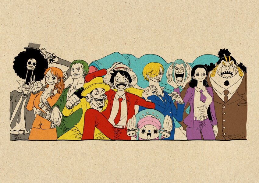2girls 6+boys afro antlers belt blonde_hair blue_hair blue_jacket blue_necktie brook_(one_piece) buzz_cut clenched_hand commentary_request cowboy_shot cropped_legs curly_eyebrows cyborg earrings facial_hair fish_boy formal_clothes franky_(one_piece) goatee green_hair grey_jacket grey_necktie hair_over_one_eye hair_slicked_back hand_on_headwear happy hat headphones highres horns jacket jewelry jinbe_(one_piece) light_blue_hair light_blue_jacket long_nose monkey_d._luffy multiple_boys multiple_girls nami_(one_piece) necktie nico_robin ok_sign one_eye_closed one_piece open_mouth orange_hair orange_jacket pants ponytail purple_necktie purple_pants red_jacket red_necktie red_pants reindeer_antlers rofta_55 roronoa_zoro sanji_(one_piece) scar scar_across_eye scar_on_face short_hair sideburns sidelocks simple_background skeleton smile straw_hat suit sword thick_eyebrows tongue tongue_out tony_tony_chopper top_hat tusks upper_body usopp very_short_hair weapon yellow_hat yellow_jacket