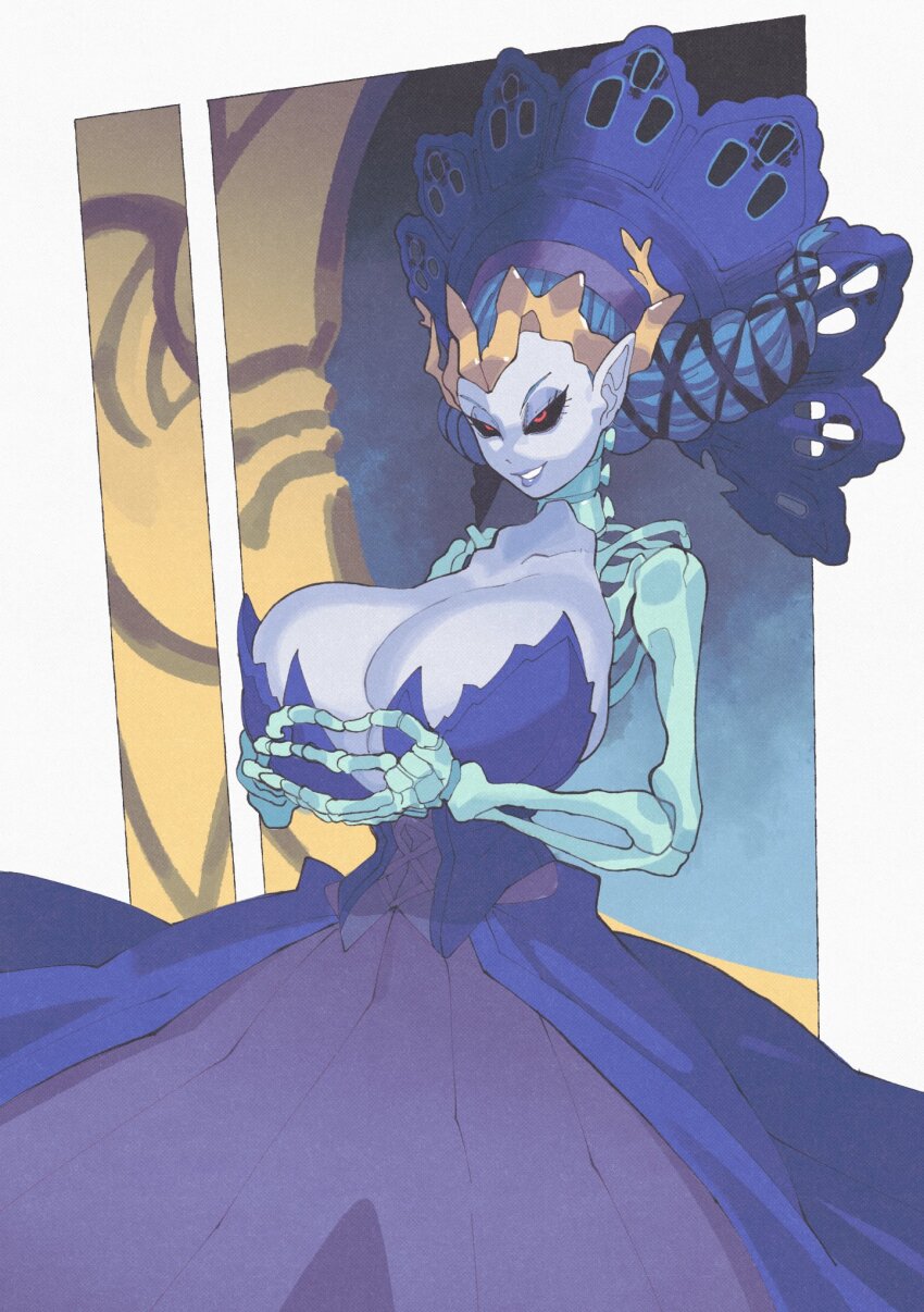 1girl black_sclera blue_hair blue_skin breasts colored_sclera colored_skin commission commissioner_upload highres inkerton-kun odette_(odin_sphere) odin_sphere pointy_ears red_eyes skeletal_arm