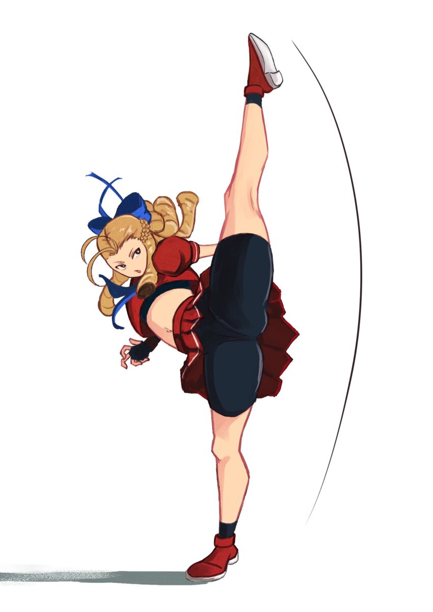 1girl bike_shorts black_socks blonde_hair blue_ribbon capcom crop_top cropped_shirt drill_hair fingerless_gloves gloves hair_ribbon highres kanzuki_karin kicking looking_to_the_side midriff motion_lines outie_navel red_shoes red_skirt ribbon school_uniform shoes shorts skirt socks sports_bra street_fighter stretching tikuwabu_33 under_skirt