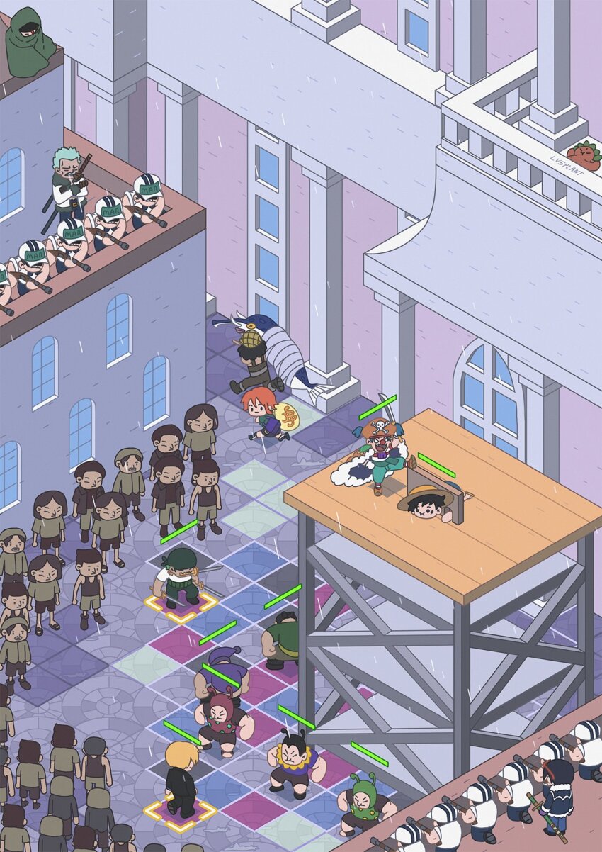 2girls 6+boys animal artist_name bandana black_bandana blonde_hair buggy_the_clown chibi cigar commentary fish gameplay_mechanics hat health_bar highres holding holding_animal holding_fish holding_weapon isometric jacket long_nose lv5plant marine_(one_piece) monkey_d._dragon monkey_d._luffy multiple_boys multiple_girls nami_(one_piece) nami_(one_piece)_(loguetown) one_piece people pirate_hat rain roronoa_zoro running sanji_(one_piece) short_hair smoker_(one_piece) tashigi usopp weapon