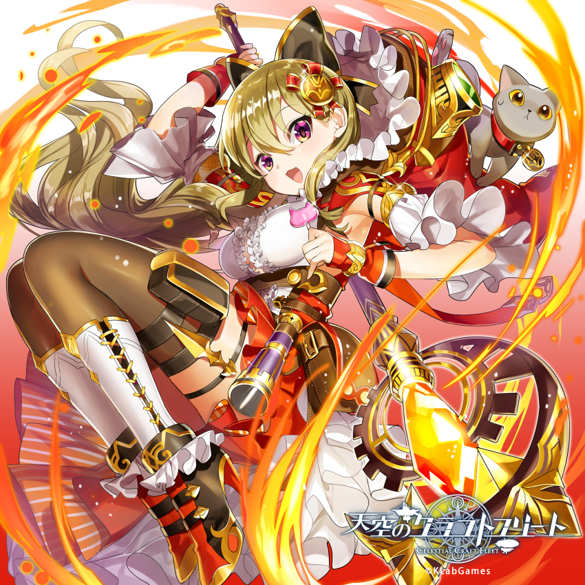 1girl :3 :d absurdres ankle_boots blonde_hair blush boots breasts brown_thighhighs cat commentary_request detached_sleeves female_focus fire floating_hair food foreshortening hair_between_eyes hair_ornament high_heel_boots high_heels highres holding holding_food holding_staff large_breasts legs_together long_hair looking_at_viewer masyu_yuyu official_art open_mouth popsicle pouch purple_eyes short_sleeves smile solo staff sweatdrop tenkuu_no_craft_fleet thigh_strap thighhighs very_long_hair