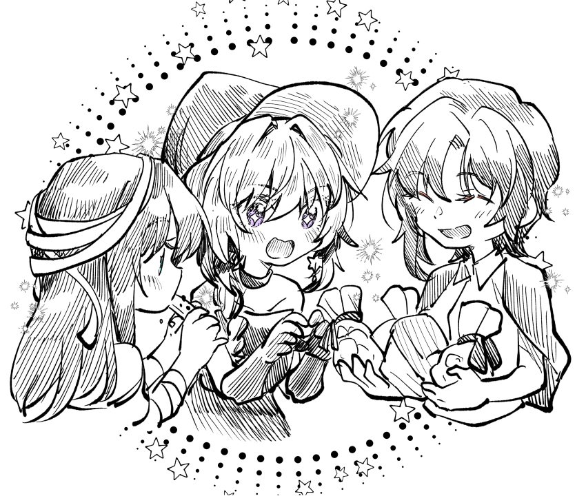 +_+ 3girls ^_^ absurdres bag blue_eyes bukiyou_na_senpai chibi closed_eyes collared_shirt eating gloves hair_intakes hat hg_ni_koisuru_futari highres holding holding_bag jacket jacket_on_shoulders kannawa_azusa kanzaki_sayaka_(hg_ni_koisuru_futari) kudou_makoto leaning_forward multiple_girls mummy_costume purple_eyes shirt short_hair smile spot_color star_(symbol) takamiya_sora witch_hat