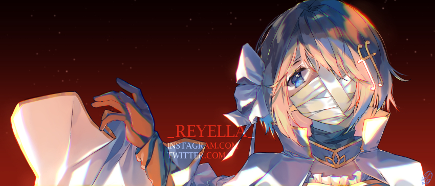 1girl artist_name bandage_over_one_eye bandaged_hand bandaged_neck bandages black_arm_warmers black_gloves blue_collar blue_eyes blue_hair bow cape cape_hold collar collared_cape commentary detached_collar eyelashes fortissimo frilled_shirt frills gloves gradient_background hair_bow hair_ornament hairclip high_collar highres looking_ahead magical_girl mahou_shoujo_madoka_magica mahou_shoujo_madoka_magica:_walpurgis_no_kaiten miki_sayaka miki_sayaka_(magical_girl) musical_note musical_note_hair_ornament outstretched_hand red_background reyella shirt short_hair solo strapless strapless_shirt upper_body watermark white_bow white_cape