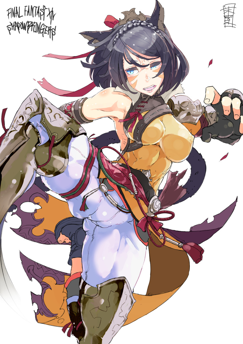 1girl absurdres animal_ears armor armpits artist_logo asymmetrical_clothes attack bare_shoulders black_hair blue_eyes braid breasts cat_ears cat_girl cat_tail copyright_name covered_erect_nipples crotch_seam crown_braid facial_mark female_focus fictional_persona final_fantasy final_fantasy_xiv fingerless_gloves gloves greaves hair_ribbon half-closed_eye highres impossible_clothes leg_armor logo looking_to_the_side medium_breasts medium_hair mian midair miqo&#039;te monk_(final_fantasy) open-toe_shoes pants ribbon shoes simple_background skin_tight slit_pupils solo spread_legs swept_bangs tail toes warrior_of_light_(ff14) whisker_markings white_background