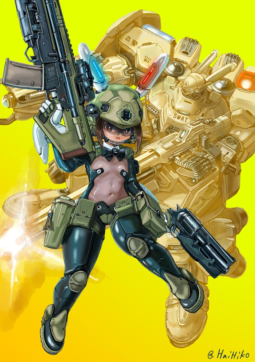 1girl absurdres antennae black_bow bow breasts brown_eyes brown_hair commentary_request covered_navel dual_wielding firing gloves green_headwear gun hai_to_hickory helmet highres holding holding_gun holding_weapon mecha original pouch revealing_clothes robot see-through_clothes small_breasts solo trigger_discipline twitter_username visor_(armor) weapon white_gloves yellow_background