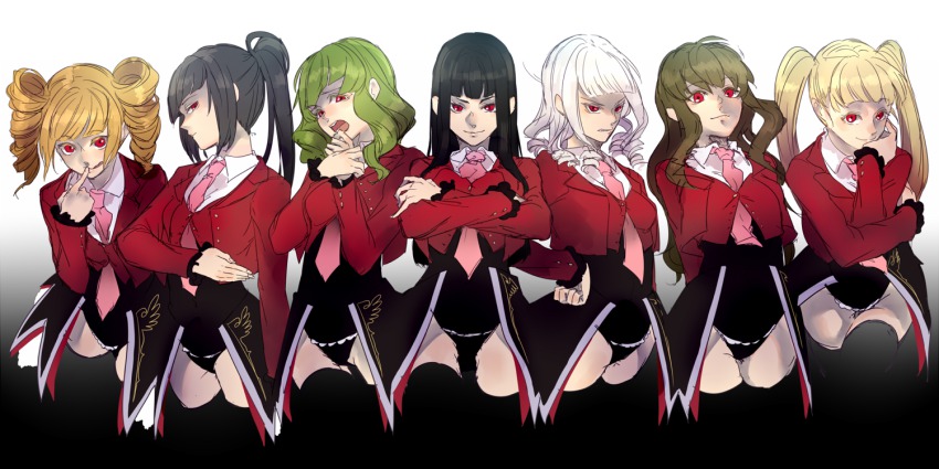 07th_expansion 6+girls :q asmodeus_(umineko) beelzebub_(umineko) belphegor_(umineko) black_hair blonde_hair brown_hair crossed_arms drill_hair gradient_background green_hair hand_on_own_hip leotard leviathan_(umineko) lucifer_(umineko) mammon_(umineko) multiple_girls necktie open_mouth ponytail red_eyes satan_(umineko) smile sofy stakes_of_purgatory tongue tongue_out twin_drills twintails umineko_no_naku_koro_ni white_hair