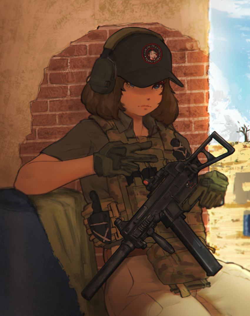 1girl baseball_cap blue_eyes blue_sky brick_wall brown_hair bulletproof_vest cloud desert gloves gun h&amp;k_ump hat highres knife leaning looking_at_viewer original patch short_hair sky smile solo submachine_gun suppressor tactical_clothes v van_duck_iii weapon
