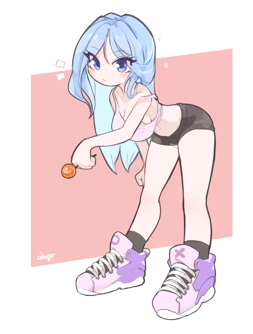 1girl bae_minah_(chaesu) black_shorts black_socks blue_eyes blush borrowed_character bra breasts candy ceroro cleavage food highres leaning_forward lollipop long_hair looking_at_viewer medium_breasts no_nose original pink_bra purple_shoes shoes shorts signature socks solo sports_bra strap_slip underwear very_long_hair