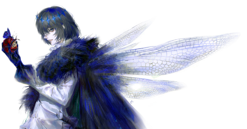 1boy absurdres apple arthropod_boy arthropod_limbs blue_eyes bug butterfly cape centipede crown diamond_hairband dragonfly_wings fate/grand_order fate_(series) food fruit fur-trimmed_cape fur_trim grey_hair highres holding holding_food holding_fruit insect insect_wings long_sleeves looking_at_viewer male_focus oberon_(fate) oberon_(third_ascension)_(fate) pppeipeipipi profile rotten shirt short_hair solo upper_body white_shirt wings