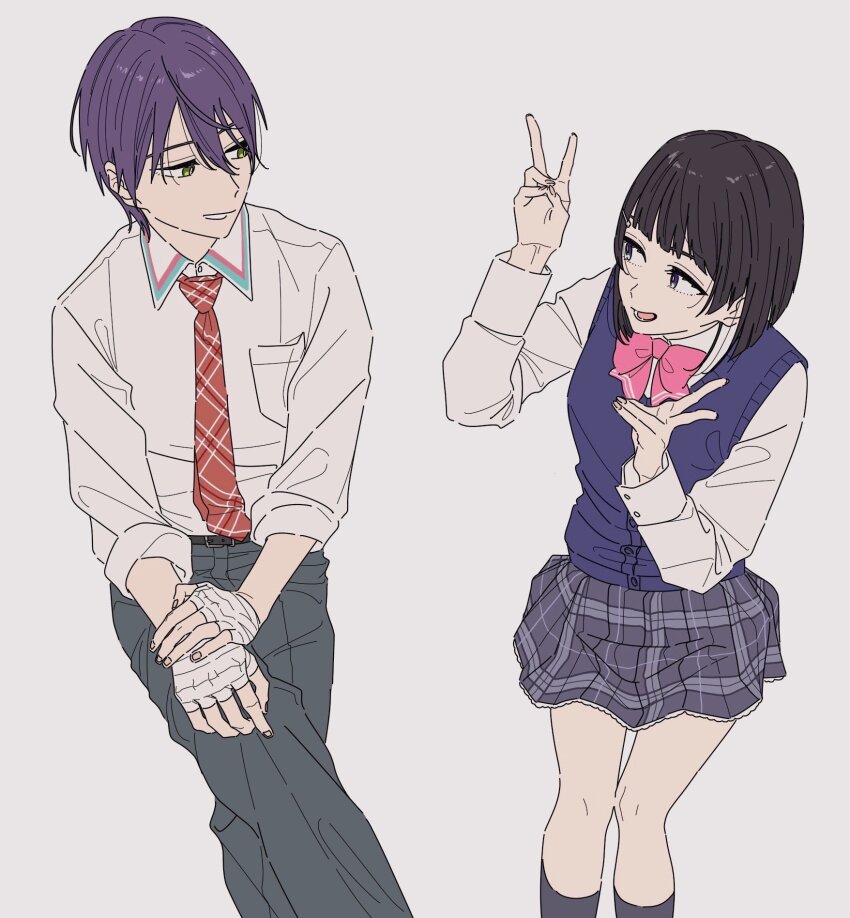 1boy 1girl bandaged_hand bandages belt black_hair black_pants black_skirt black_socks blue_sweater_vest bow bowtie collared_shirt crossed_legs double_v green_eyes highres kamatama_rom kenmochi_touya kenmochi_touya_(1st_costume) kneehighs long_sleeves looking_at_another miniskirt necktie nijisanji pants pink_bow pink_bowtie plaid_clothes plaid_skirt pleated_skirt purple_eyes purple_hair red_necktie shirt short_hair simple_background sitting skirt smile socks sweater_vest tsukino_mito tsukino_mito_(summer_uniform) v virtual_youtuber white_background white_shirt