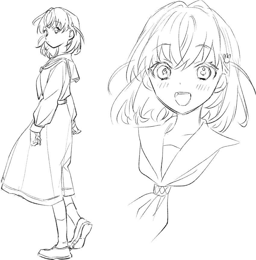 1girl :d closed_mouth commentary_request cropped_head dress full_body greyscale hair_ornament hasu_no_sora_school_uniform highres hinoshita_kaho link!_like!_love_live! loafers long_sleeves looking_at_viewer looking_back love_live! medium_dress medium_hair monochrome multiple_views neckerchief oggi0000 open_mouth pleated_dress rabbit_hair_ornament sailor_collar school_uniform shoes smile socks standing two_side_up virtual_youtuber winter_uniform