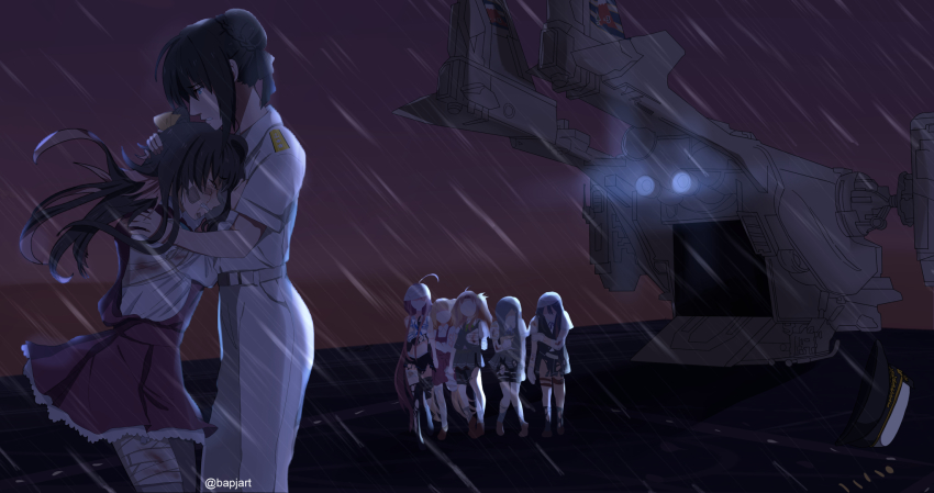 2girls amputee bandage_on_face bandaged_arm bandaged_head bandaged_leg bandages beta_(joutarou) black_hair blood blood_on_clothes bloody_bandages blue_eyes closed_eyes commentary cowboy_shot crying dress english_commentary epaulettes faceless faceless_female female_admiral_(kancolle) grey_legwear hair_bun hair_ribbon hat highres hug kantai_collection long_hair long_sleeves military military_uniform multicolored_hair multiple_girls naganami_(kancolle) night pantyhose pinafore_dress pink_hair rain ribbon shirt short_sleeves single_hair_bun skyranger_(x-com) sleeveless sleeveless_dress spoilers torn_clothes twitter_username two-tone_hair unworn_hat unworn_headwear wavy_hair white_shirt x-com xcom_2