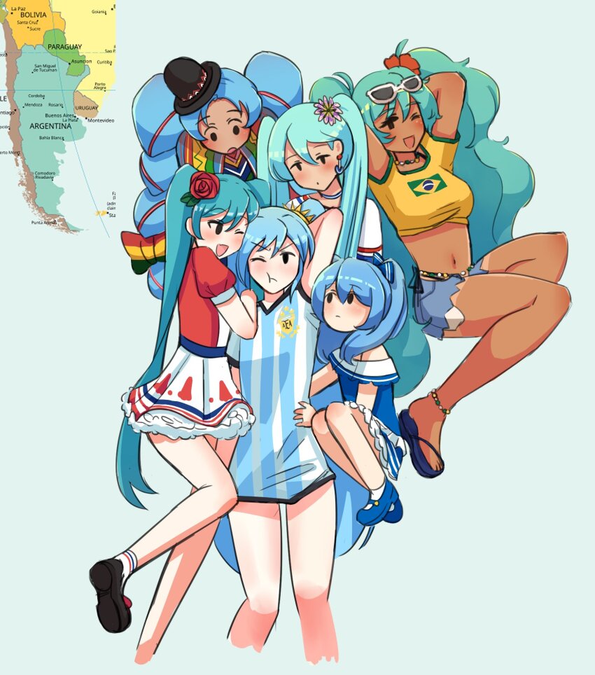 6+girls :t argentina argentinian_miku black_hat blue_dress blue_hair blue_shorts blush bolivia bolivian_miku brazil brazilian_flag brazilian_flag_print brazilian_miku breasts chile chilean_miku closed_mouth commentary_request dark-skinned_female dark_skin dress expressionless eyewear_on_head flag_print flat_chest flip-flops flower frilled_skirt frills frown full_body hat hatsune_miku highres hug long_hair looking_at_another looking_at_viewer map medium_breasts midriff mogemochi multiple_girls multiple_persona navel no_sclera off-shoulder_dress off_shoulder one_eye_closed open_mouth paraguay paraguayan_miku portuguese_commentary pout red_flower red_rose red_shirt rose sandals shirt short_shorts shorts skirt smile soccer_uniform sportswear sunglasses tan twintails uruguay uruguayan_miku vocaloid white-framed_eyewear white_skirt worldwide_miku yellow_shirt