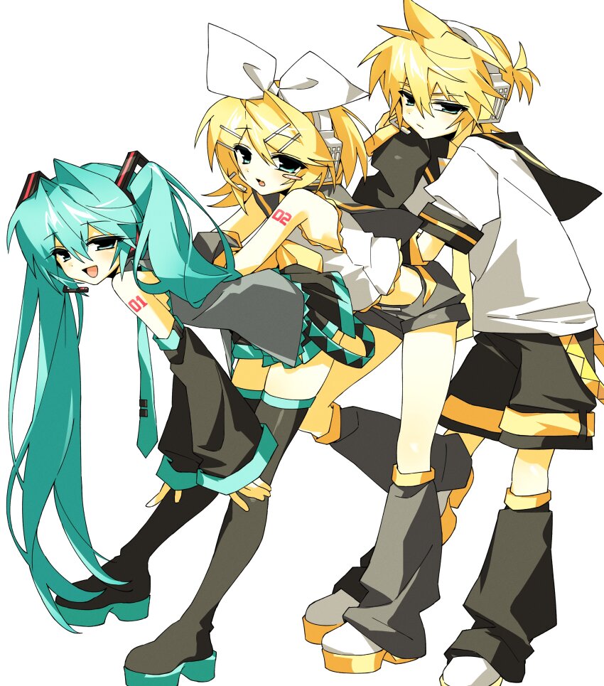 1boy 2girls absurdres aqua_hair bare_shoulders black_boots black_sailor_collar black_shorts black_skirt blonde_hair boots bow brother_and_sister detached_sleeves grey_shirt hair_bow hair_ornament hairclip hands_on_own_knees hatsune_miku headset highres hynn0x_x kagamine_len kagamine_rin knee_boots leaning_on_person long_hair multiple_girls number_tattoo pleated_skirt sailor_collar shirt short_hair shorts shoulder_tattoo siblings simple_background skirt tattoo twintails vocaloid white_background white_bow white_shirt