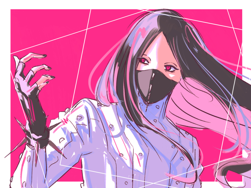 1boy a_meyujki13 as_nodt black_gloves black_hair bleach border bracelet fingerless_gloves gloves high_collar highres jewelry long_hair long_sleeves looking_to_the_side male_focus mask mouth_mask pink_background purple_eyes quincy_(bleach) simple_background sketch solo spiked_bracelet spiked_mask spikes sternritter white_border