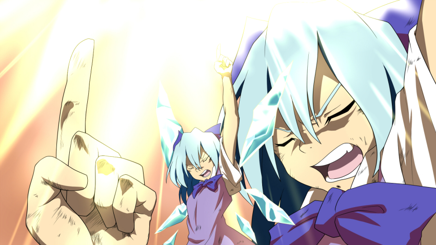 1girl akdt_127 akudato blue_hair cirno closed_eyes female_focus hair_between_eyes highres ice ice_wings index_finger_raised kamina_pose parody pointing pointing_up solo tengen_toppa_gurren_lagann touhou wings