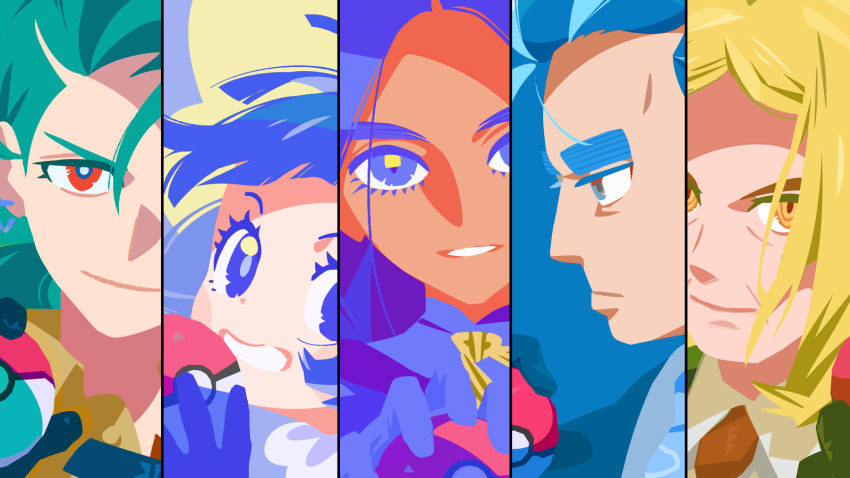2boys 3girls black_gloves black_hair blonde_hair blue_eyes bonnet closed_mouth collared_shirt column_lineup commentary_request dark-skinned_female dark_skin ear_piercing earrings eyelashes from_side geeta_(pokemon) gloves green_hair hassel_(pokemon) highres holding holding_poke_ball jewelry larry_(pokemon) logi_bunbukucha multiple_boys multiple_girls necktie nintendo orange_eyes piercing poke_ball poke_ball_(basic) pokemon pokemon_sv poppy_(pokemon) red_eyes rika_(pokemon) shirt smile