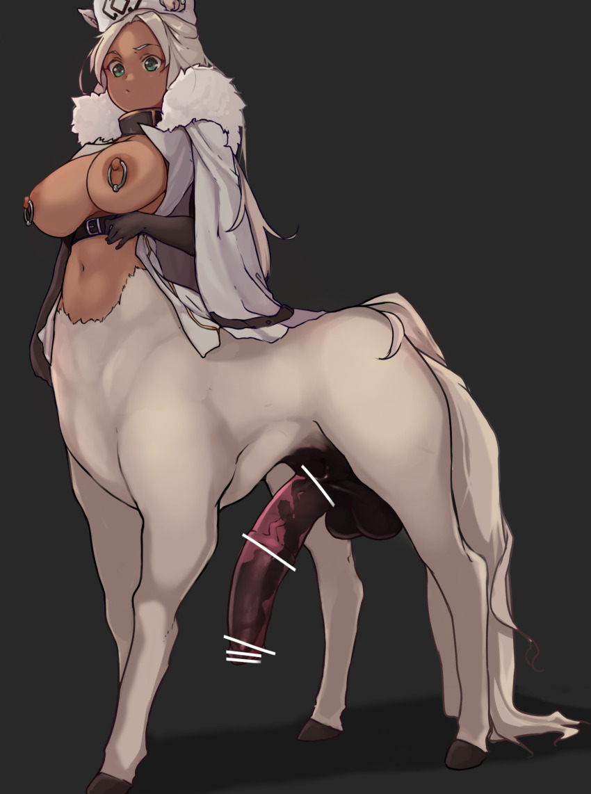1futa animal_ears animal_penis bar_censor belt breasts censored centaur cloak dark_skin futanari green_eyes grey_background hat highres hooves horse_penis horse_tail huge_penis jewelry large_breasts long_hair midriff monster_girl navel nipple_piercing nipple_rings original penis piercing shadow simple_background solo tail taur testicles todding white_hair