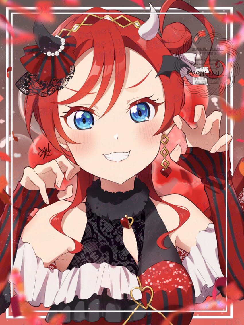 1girl balloon birthday blue_eyes blush breasts claw_pose commentary confetti demon_horns earrings grin hair_bun highres horns jewelry kyaku_tasu love_live! love_live!_superstar!! red_hair signature single_earring single_side_bun small_breasts smile solo twitter_username upper_body watermark yoneme_mei