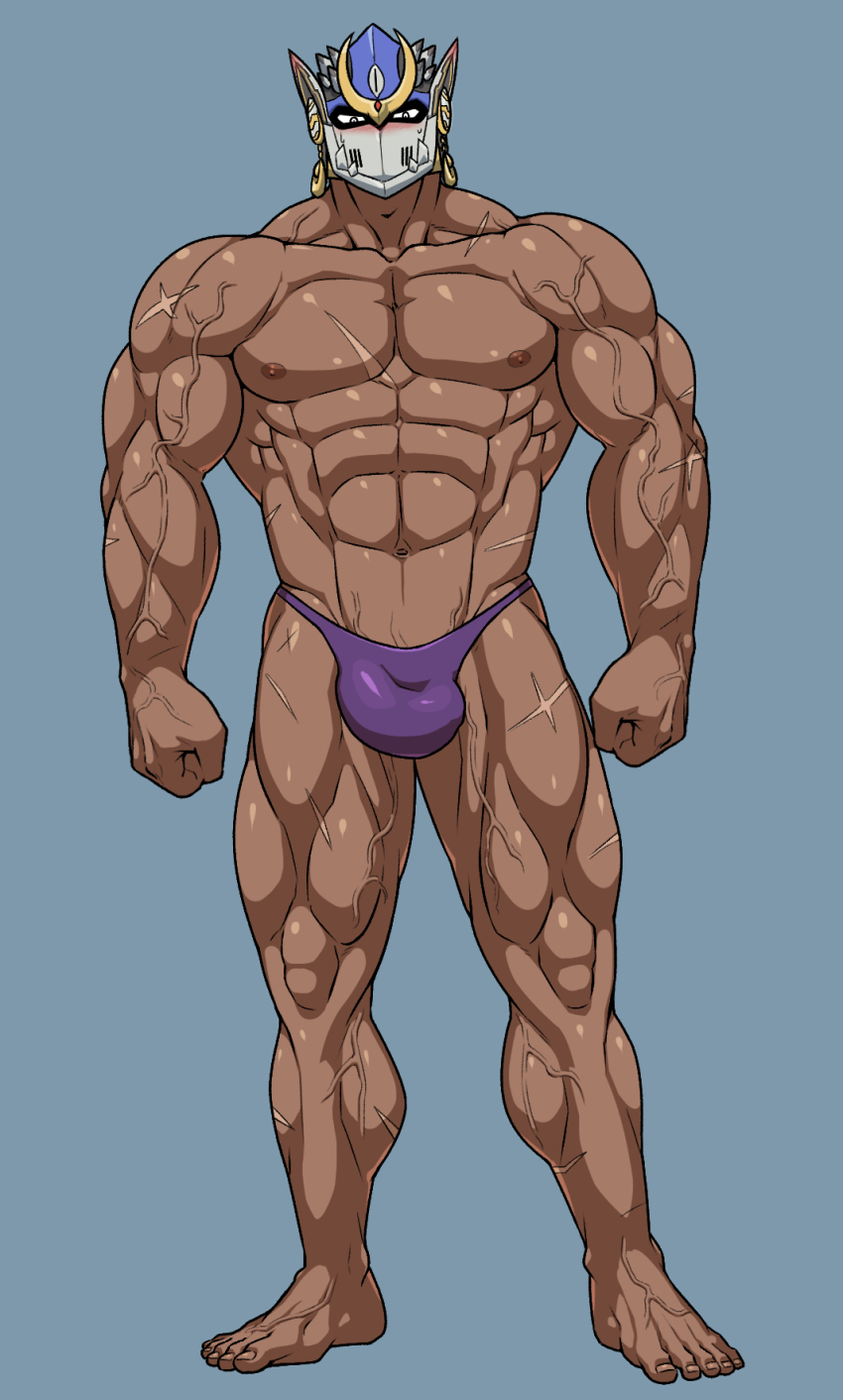 1boy abs aqua_background arms_at_sides bara bare_legs barefoot blush bulge cross_scar dark-skinned_male dark_skin earrings edamamego full_body groin helmet highres jewelry large_bulge large_pectorals looking_at_viewer male_focus male_swimwear muscular muscular_arms muscular_legs muscular_male navel nipples pectorals purple_male_swimwear scar scar_on_arm scar_on_chest scar_on_leg scar_on_stomach shiva_(housamo) simple_background solo standing thick_neck thighs tokyo_houkago_summoners topless_male variant_set veins veiny_arms veiny_crotch veiny_feet veiny_hands veiny_legs