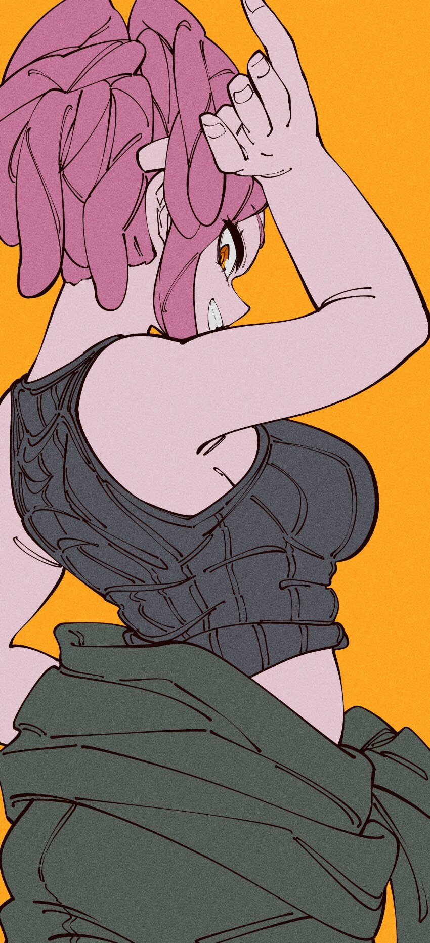 1girl absurdres ass bare_arms bare_shoulders black_sweater boku_no_hero_academia breasts brown_pants cowboy_shot grin hatsume_mei highres kogorooz large_breasts orange_background pants pink_hair profile short_hair simple_background sleeveless sleeveless_sweater smile solo sweater teeth
