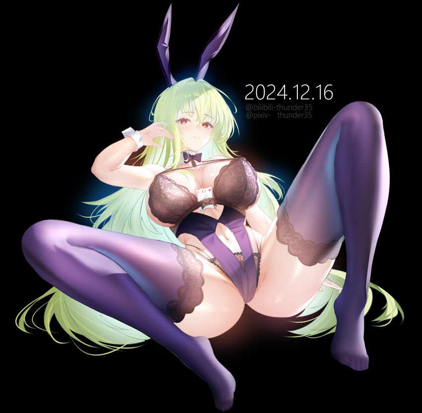 1girl absurdres alternate_costume artist_name azur_lane black_background blush bow breasts card collar green_hair highres large_breasts legs_apart leotard lingerie long_hair looking_at_viewer napoli_(azur_lane) napoli_(dreamy_night)_(azur_lane) no_shoes official_alternate_costume playboy_bunny playing_card purple_eyes rabbit_ears solo thighhighs thighs thunder-35 underwear wrist_cuffs