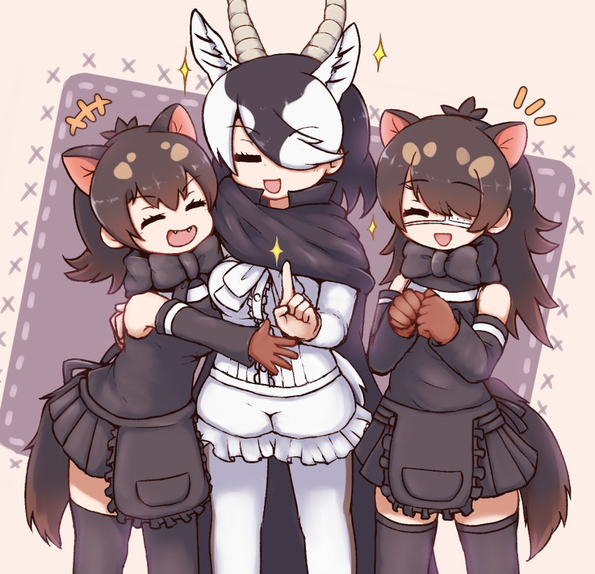 3girls :d =_= ^_^ animal_ears aticotta australian_devil_(kemono_friends) bare_shoulders batten_japari_dan blackbuck_(kemono_friends) bow bowtie closed_eyes elbow_gloves eyepatch closed_eyes fangs gloves gradient_hair highres horns kemono_friends kemono_friends_3 long_hair multicolored_hair multiple_girls open_mouth pantyhose short_hair smile sparkle tasmanian_devil_(kemono_friends) tasmanian_devil_ears tasmanian_devil_tail thighhighs