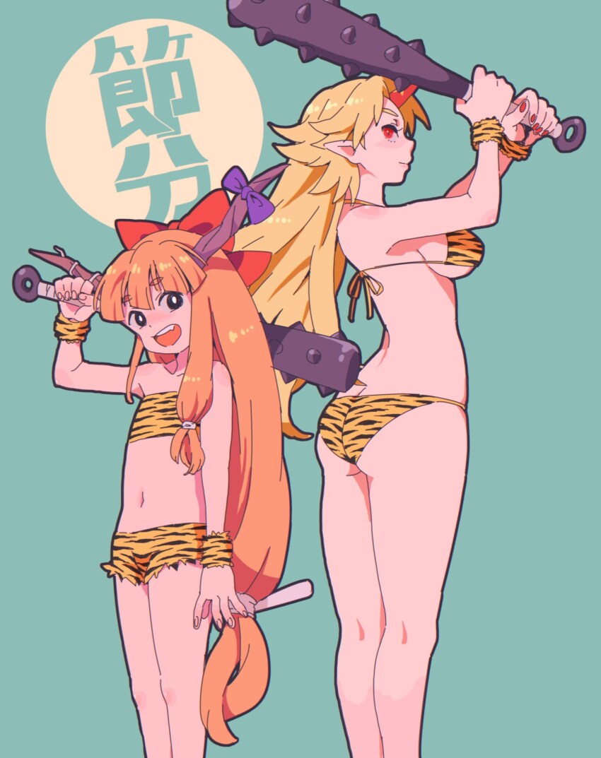 2girls animal_print ass back bikini black_eyes blonde_hair blue_background bow breasts brown_horns butt_crack club club_(weapon) commentary_request cone_horns feet_out_of_frame flat_chest highres horn_bow horn_ornament horns hoshiguma_yuugi ibuki_suika jean_(jean_sp) kanabou large_breasts long_hair looking_at_viewer multiple_girls navel oni open_mouth orange_hair print_bikini purple_bow red_eyes red_horns setsubun single_horn smile standing swimsuit tiger_print touhou very_long_hair weapon