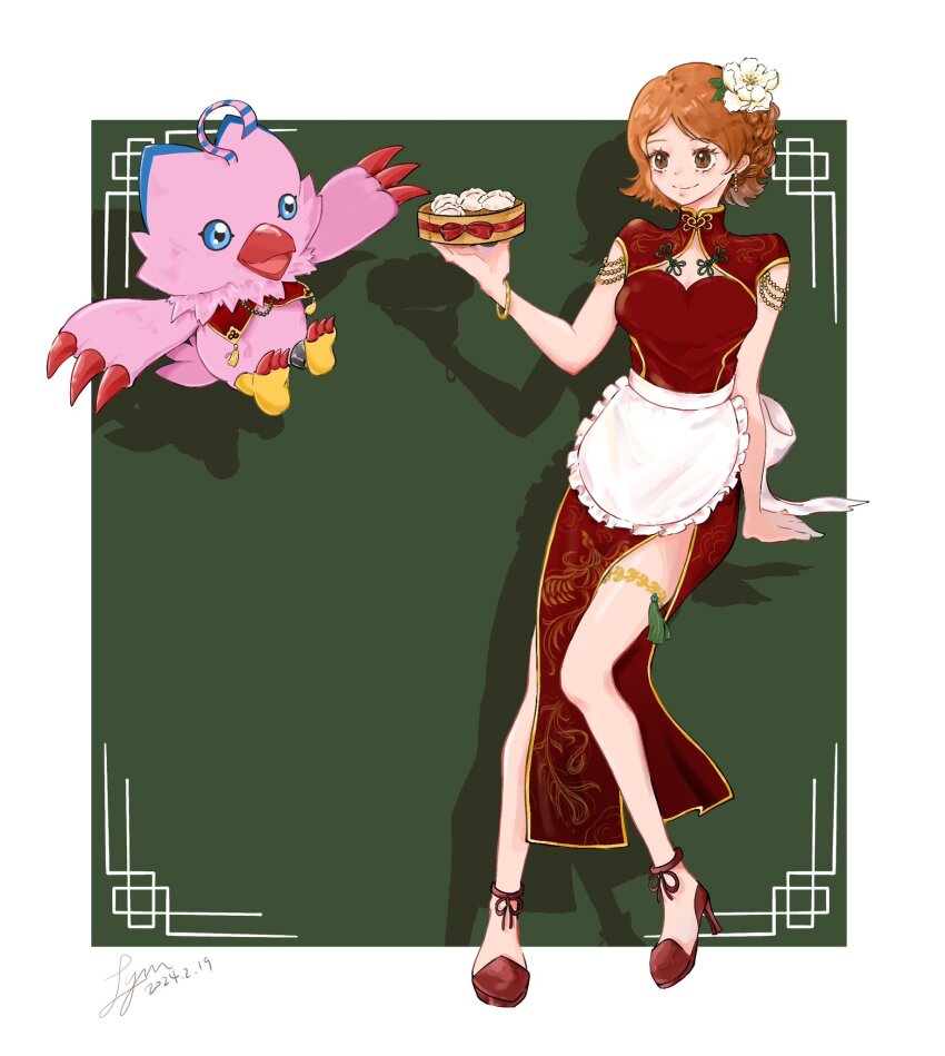 beak chinese_clothes digimon digimon_(creature) digimon_adventure:_last_evolution_kizuna food highres orange_hair piyomon takenouchi_sora wings