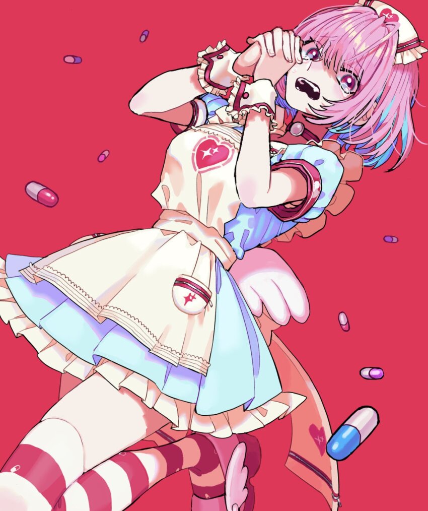 1girl apron blue_dress blue_hair choker dress frilled_wrist_cuffs frills furrowed_brow hair_between_eyes hands_up hat heart highres horizontal-striped_thighhighs idolmaster idolmaster_cinderella_girls interlocked_fingers multicolored_hair nurse_cap open_mouth own_hands_clasped own_hands_together petticoat pill pink_hair pink_shoes puffy_short_sleeves puffy_sleeves red_background red_choker red_eyes shoes short_hair short_sleeves simple_background solo striped_clothes striped_thighhighs tears teeth thighhighs two-tone_hair white_apron white_hat white_wrist_cuffs winged_shoes wings wrist_cuffs yami_kawaii yoshioka_suke yumemi_riamu zettai_ryouiki