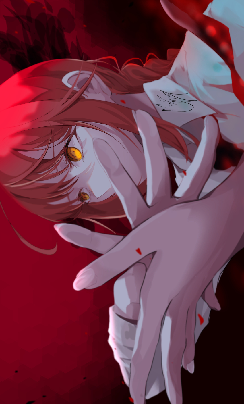 1girl absurdres black_necktie chainsaw_man collared_shirt goma_irasuto highres long_hair makima_(chainsaw_man) necktie own_hands_together red_background red_hair shirt sideways solo white_shirt yellow_eyes