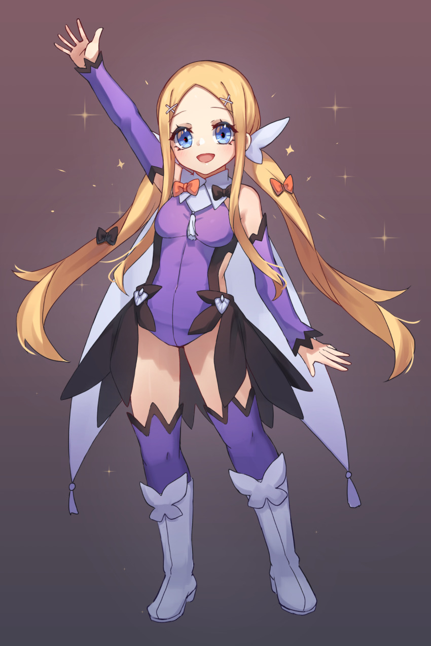 1girl abigail_williams_(fate) arm_up bare_shoulders black_bow blonde_hair blue_eyes blush boots bow breasts cape cosplay detached_sleeves fate/grand_order fate/kaleid_liner_prisma_illya fate_(series) feather_hair_ornament feathers forehead full_body hair_bow hair_ornament hairclip highres knee_boots leotard long_hair looking_at_viewer miya_(miyaruta) miyu_edelfelt miyu_edelfelt_(cosplay) miyu_edelfelt_(magical_girl) open_mouth orange_bow parted_bangs purple_leotard purple_sleeves purple_thighhighs sidelocks small_breasts smile solo thighhighs thighhighs_under_boots thighs twintails white_boots white_cape