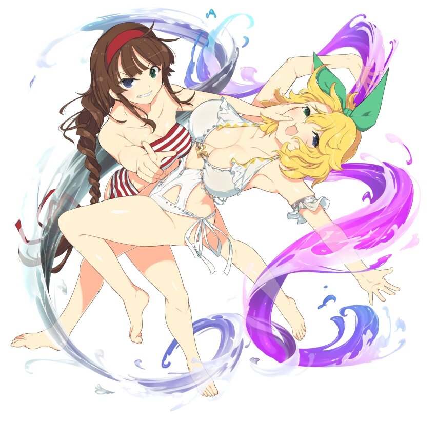 2girls :3 ahoge armband armlet armpits bare_shoulders barefoot bikini blonde_hair blue_eyes blush bow breasts brown_hair cheek_pinching cleavage collarbone frilled_armband frilled_bikini frills green_bow green_eyes groin hair_bow hair_ribbon hairband heterochromia highres jewelry kandagawa_jet_girls large_breasts linea_alba long_hair looking_at_viewer masochism multiple_girls official_art one-piece_swimsuit open_mouth pinching pointing pointing_at_viewer red_bikini red_hairband ribbon ryoubi_(senran_kagura) ryouna_(senran_kagura) sadism senran_kagura senran_kagura_estival_versus senran_kagura_shinovi_versus shiny_skin short_hair siblings side-tie_one-piece_swimsuit side-tie_swimsuit simple_background sisters smile smirk standing striped_bikini striped_clothes swimsuit swimsuit_skirt swirl very_long_hair yaegashi_nan zipper zipper_pull_tab