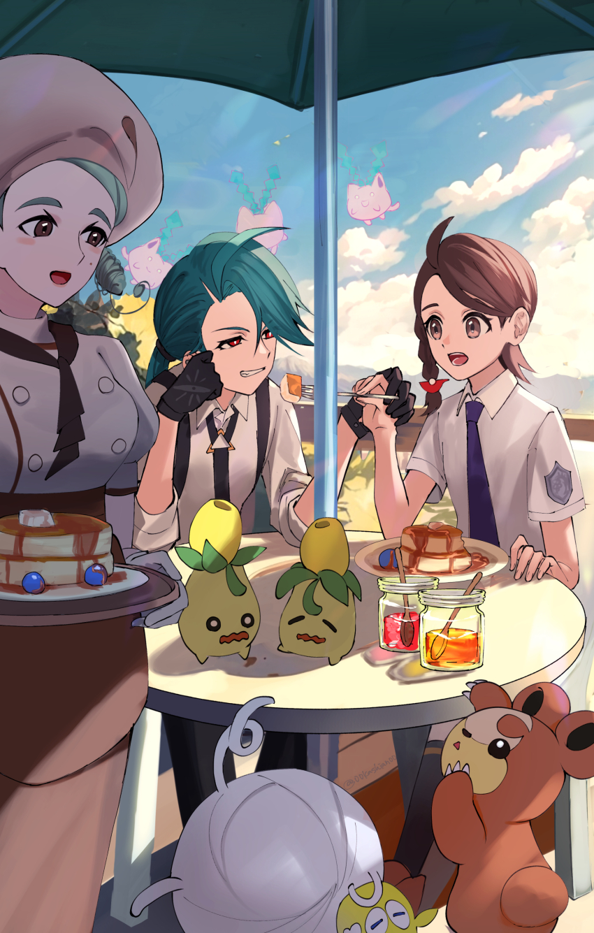 00kashian00 3girls absurdres apron ascot black_gloves black_necktie blush_stickers braid brown_eyes brown_footwear brown_hair brown_skirt buttons cloud collared_shirt commentary_request creatures_(company) day feeding food fork game_freak gen_2_pokemon gloves green_hair grin hat highres holding holding_fork holding_plate hoppip jar juliana_(pokemon) katy_(pokemon) mole multiple_girls necktie nintendo open_mouth outdoors pancake plate pokemon pokemon_(creature) pokemon_sv purple_necktie red_eyes rika_(pokemon) shirt shoes short_sleeves skirt sky smile smoliv socks spoon suspenders table tarountula teddiursa teeth waist_apron