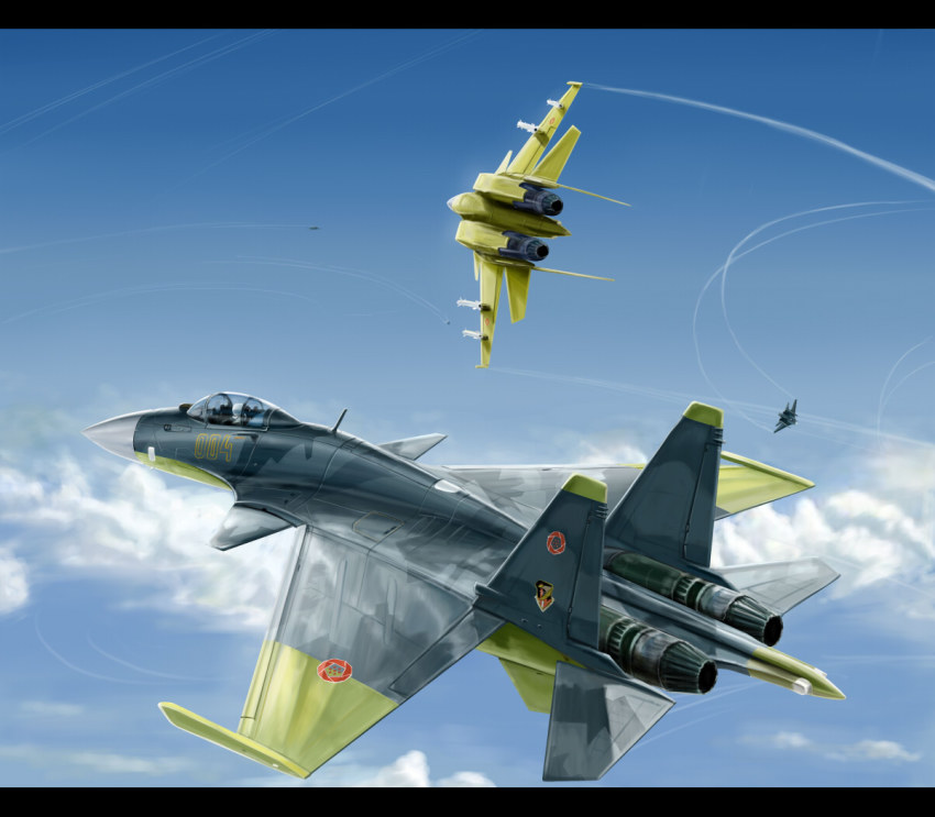 ace_combat ace_combat_04 aerial_battle aircraft airplane battle cloud contrail day emblem fighter_jet flying kcme letterboxed military military_vehicle missile no_humans pilot su-37 vehicle_focus yellow_4