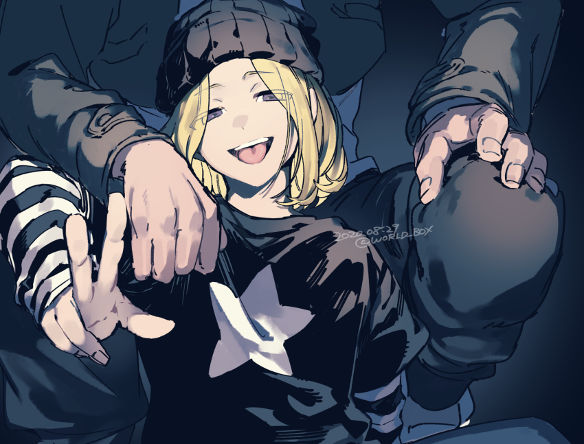 1boy a&#039;he_(the_legend_of_luoxiaohei) beanie black_headwear blonde_hair dated eyes_visible_through_hair grey_eyes hat long_sleeves medium_hair open_mouth print_shirt shadow shirt smile luo_xiaohei_zhanji twitter_username upper_body vox