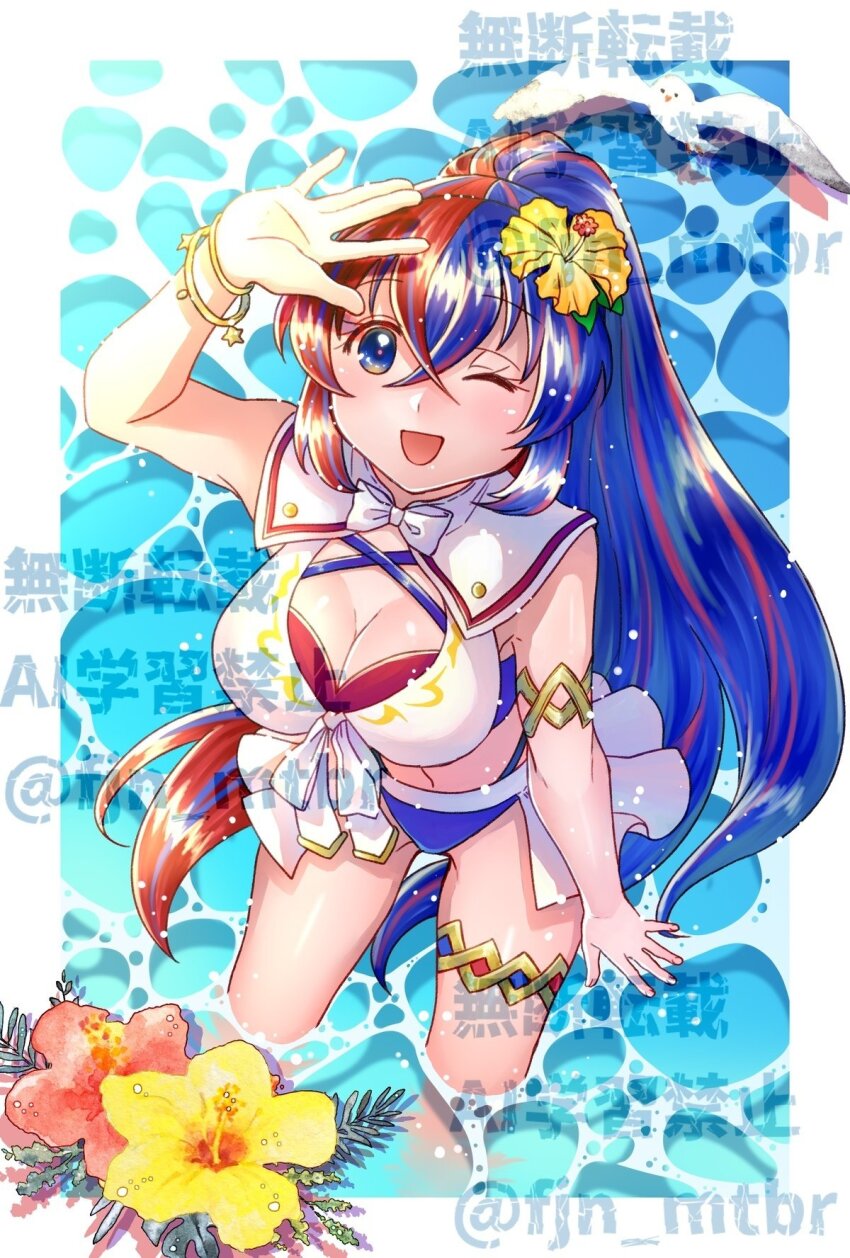 1girl bikini blue_bikini blue_eyes blue_hair breasts cleavage criss-cross_halter crossed_bangs female_alear_(fire_emblem) female_alear_(seaside_dragon)_(fire_emblem) fire_emblem fire_emblem_engage fire_emblem_heroes flower gold_armlet gold_thighlet hair_between_eyes hair_flower hair_ornament halterneck heterochromia highres large_breasts long_hair multicolored_bikini multicolored_hair nintendo official_alternate_costume official_alternate_hairstyle ponytail red_bikini red_eyes red_hair showgirl_skirt solo split-color_hair swimsuit teitokunanodesu two-tone_hair very_long_hair water white_bikini