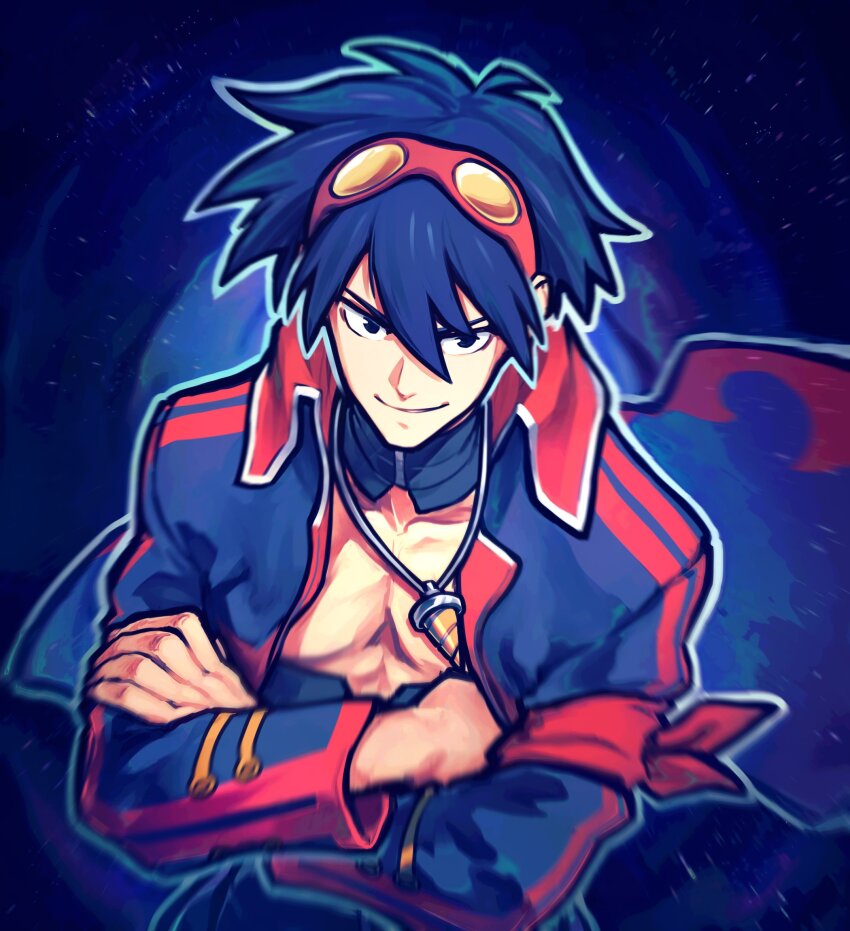 1boy blue_hair collar drill goggles goggles_on_head highres jacket kamina_pose large_pectorals male_focus medium_hair nominoparadox open_clothes open_jacket pectorals pointing pointing_up simon_(ttgl) smile tengen_toppa_gurren_lagann