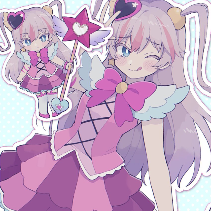 1girl ;q arm_up blue_background blue_eyes blush_stickers bow bowtie bright_pupils commentary commission cosplay cowboy_shot e.g.o_(project_moon) earrings facing_viewer full_body grey_hair grey_thighhighs hair_ornament heart heart_hair_ornament highres holding holding_staff in_the_name_of_love_and_hate_(e.g.o) indie_virtual_youtuber inset jewelry lobotomy_corporation long_hair looking_at_viewer mage_staff magical_girl multicolored_hair one_eye_closed outline pink_bow pink_bowtie pink_garter_straps pink_hair pink_shirt pink_shoes pink_skirt project_moon queen_of_hatred queen_of_hatred_(cosplay) rjsn shirt shoes sidelocks simple_background single_earring skeb_commission skirt sleeveless sleeveless_shirt smile staff star_(symbol) star_earrings streaked_hair thighhighs tongue tongue_out two_side_up ushio_ebi virtual_youtuber w w_over_face white_outline white_pupils