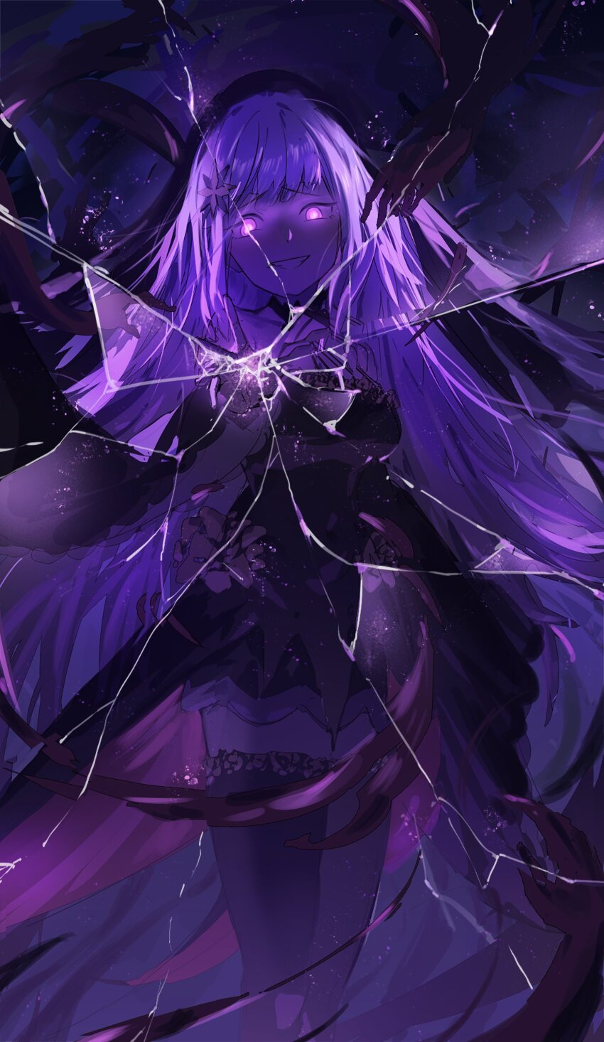 1girl absurdres bare_shoulders black_dress black_veil breasts commission cracked_screen crazy_smile dress glowing glowing_eyes hair_ornament highres knee_up long_hair looking_at_viewer medium_breasts purple_eyes purple_theme re:zero_kara_hajimeru_isekai_seikatsu ro_ka_ro_ka satella_(re:zero) shadow_hands short_dress smile solo surrounded_by_hands thighhighs veil very_long_hair white_hair