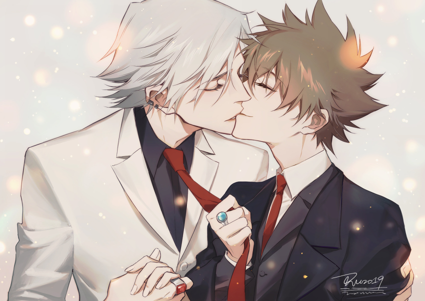 2boys artist_name black_jacket black_shirt brown_hair closed_eyes clothes_grab collared_shirt formal_clothes gokudera_hayato grey_hair hair_between_eyes holding_hands jacket jewelry katekyo_hitman_reborn! kiss light_particles long_sleeves male_focus multiple_boys necktie necktie_grab neckwear_grab piercing red_necktie ring ru_(famia) sawada_tsunayoshi shirt short_hair signature spiked_hair suit suit_jacket upper_body white_shirt yaoi