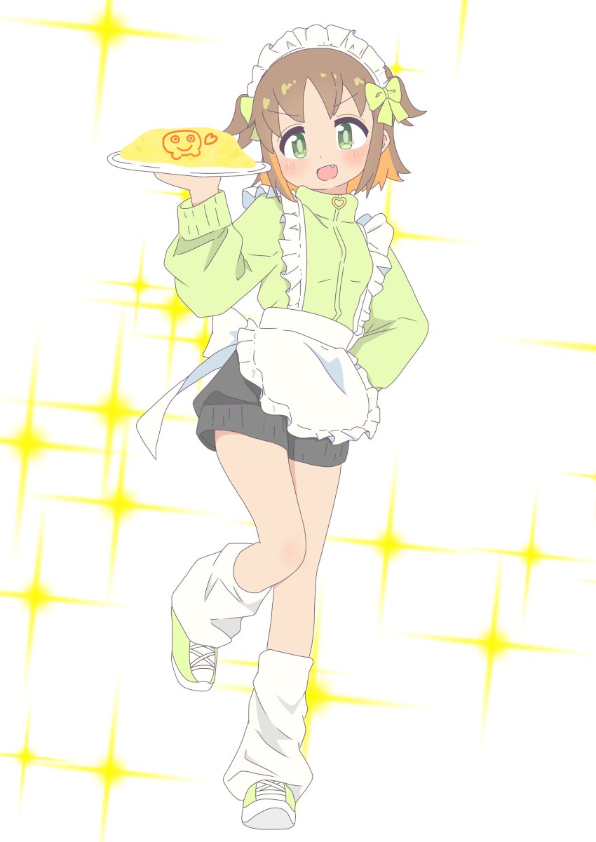 1girl :d absurdres alternate_costume apron black_shorts blush bow brown_hair colored_inner_hair commentary frilled_apron frills full_body green_bow green_eyes green_jacket hair_bow hand_on_own_hip highres jacket jersey_maid long_sleeves looking_at_viewer loose_socks maid maid_apron maid_headdress multicolored_hair oka_asahi onii-chan_wa_oshimai! open_mouth orange_hair plate short_hair short_shorts shorts simple_background smile socks solo sparkle_background standing standing_on_one_leg track_jacket turtleneck turtleneck_jacket two-tone_hair two_side_up unconventional_maid waist_apron wall228090611 white_apron white_background